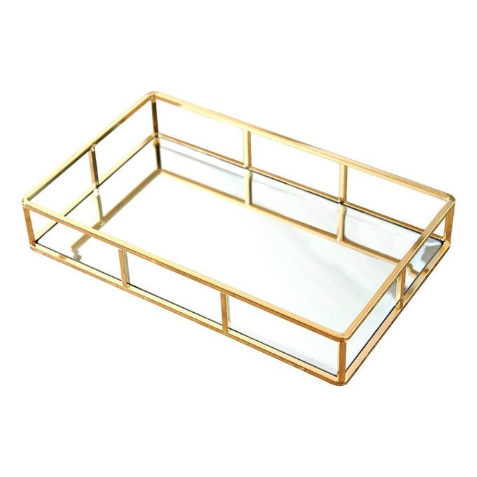 Tray Mirror Gold Dresser Ornate Tray Metal Decorative Tray Jewelry Perfume Organizer Makeup Tray for Vanity Dresser Bathroom Bedroom