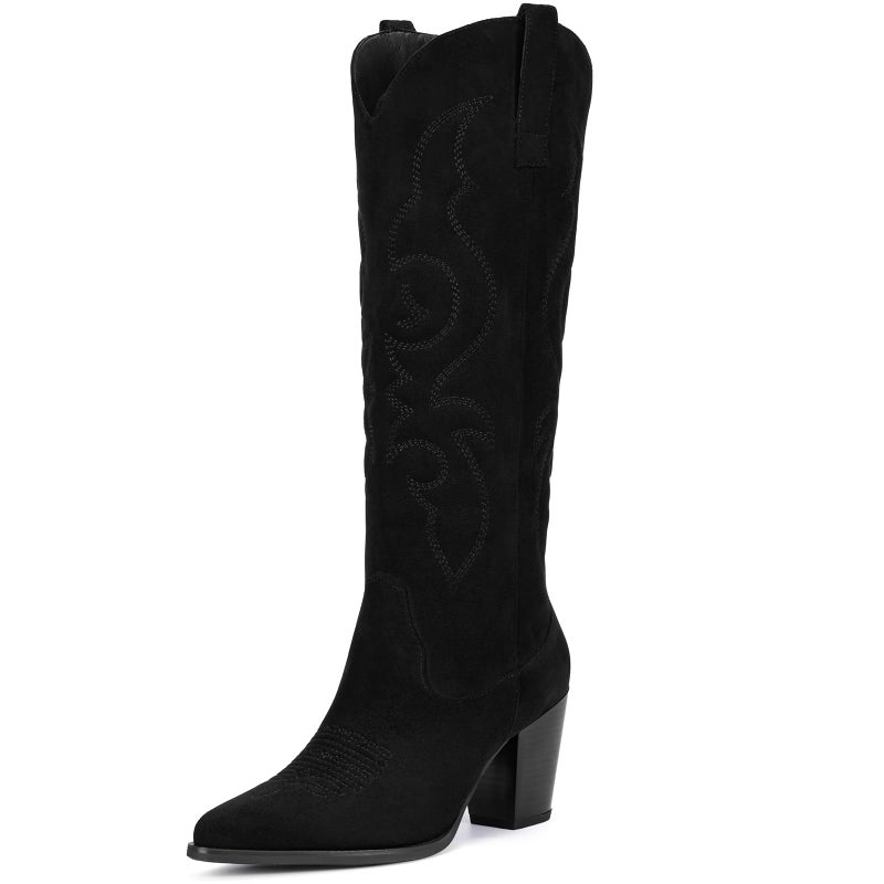 Pasuot Suede Cowboy Boots for Women - Western Knee High Cowgirl Boots with Side Zipper, Retro Pointed Toe Tall Block Heel Pull On Long Boot Fall Winter Concert Rodeo Festival Daily Black Size 8 - Image 1