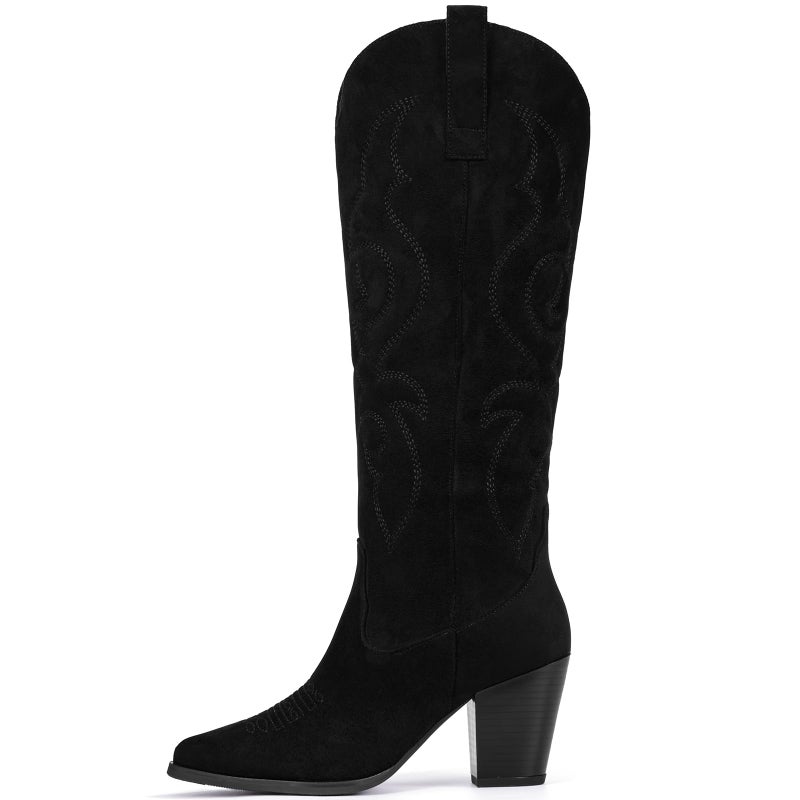 Pasuot Suede Cowboy Boots for Women - Western Knee High Cowgirl Boots with Side Zipper, Retro Pointed Toe Tall Block Heel Pull On Long Boot Fall Winter Concert Rodeo Festival Daily Black Size 8 - Image 4