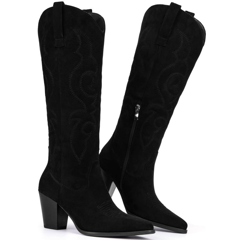 Pasuot Suede Cowboy Boots for Women - Western Knee High Cowgirl Boots with Side Zipper, Retro Pointed Toe Tall Block Heel Pull On Long Boot Fall Winter Concert Rodeo Festival Daily Black Size 8 - Image 5