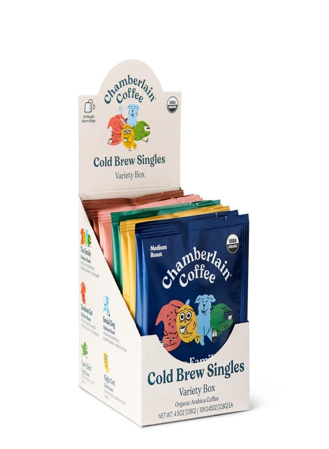 Chamberlain Coffee Organic Variety Cold Brew Singles Medium Roast - 10 Single Serve Bags w/Different Flavors - Ideal for Summer Use, at Home, Camping, or Travel - Coffee Gift Set for Any Occasion - Image 1