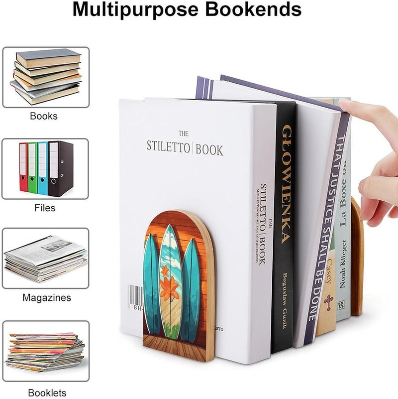 Surfboard on Wooden Bookends 1 Pair Solid Natural Wooden Book Ends, Duty Cute Book Stoppers, Decorative Book Holders for Home Office Desk Shelf, Perfect for Students, Book Lovers - Image 3