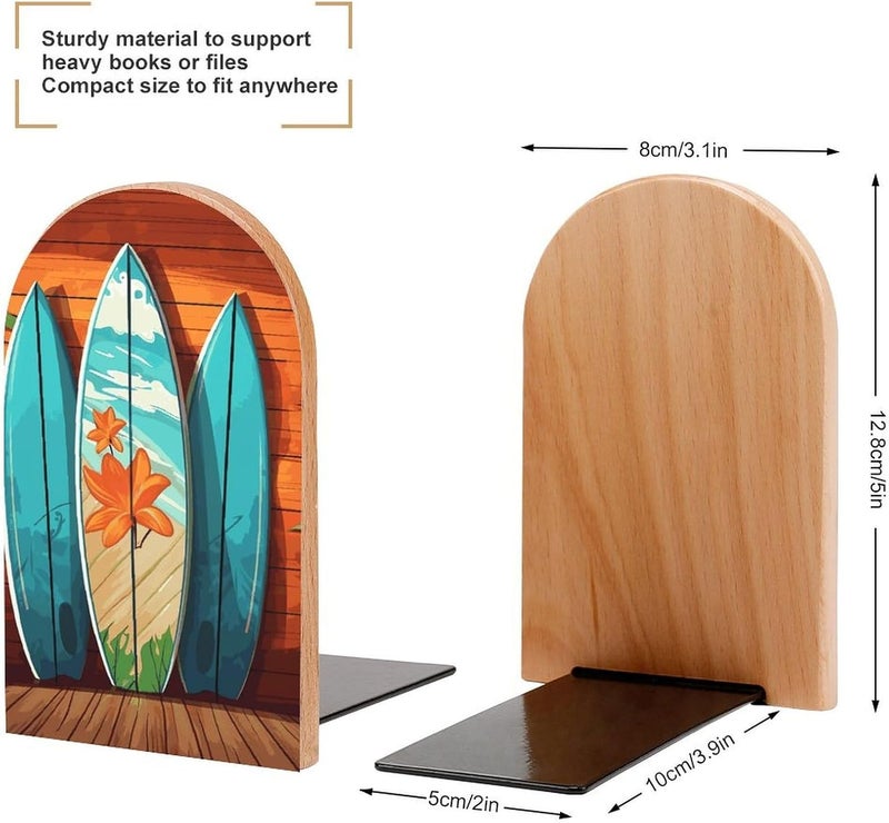 Surfboard on Wooden Bookends 1 Pair Solid Natural Wooden Book Ends, Duty Cute Book Stoppers, Decorative Book Holders for Home Office Desk Shelf, Perfect for Students, Book Lovers - Image 2