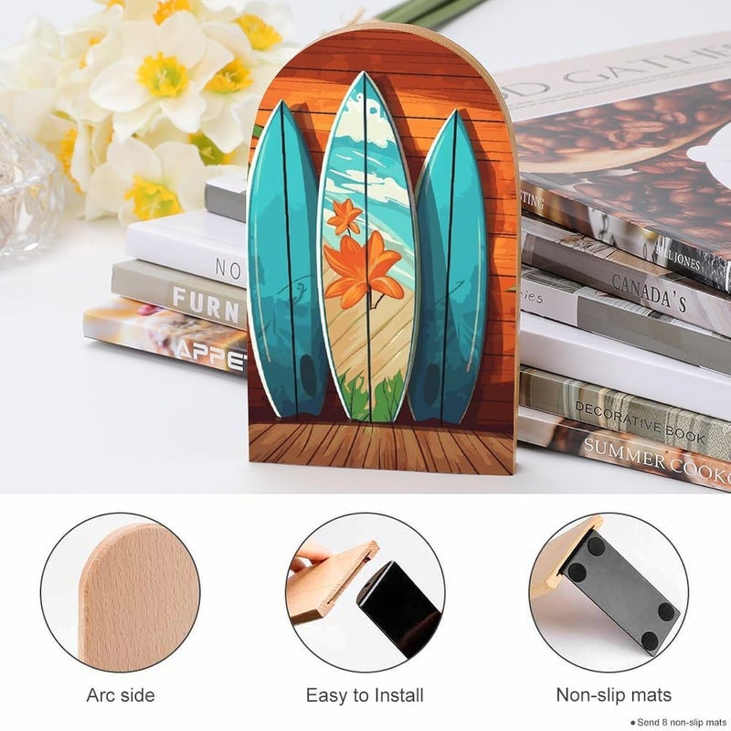Surfboard on Wooden Bookends 1 Pair Solid Natural Wooden Book Ends, Duty Cute Book Stoppers, Decorative Book Holders for Home Office Desk Shelf, Perfect for Students, Book Lovers - Image 4
