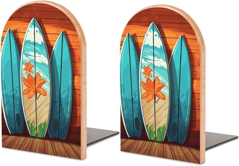 Surfboard on Wooden Bookends 1 Pair Solid Natural Wooden Book Ends, Duty Cute Book Stoppers, Decorative Book Holders for Home Office Desk Shelf, Perfect for Students, Book Lovers - Image 1
