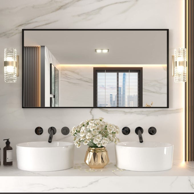 55X30 BLACK RECTANGLE BATHROOM MIRROR WALL MATTE BLACK ALUMINUM ALLOY FRAME TEMPERED GLASS HANGS VERTICALLY OR HORIZONTALLY EASY TO INSTALL