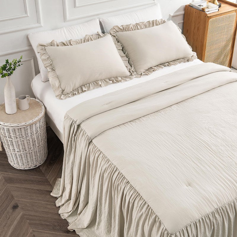 Bonlino Home Bedding Bedspread Set Quilt - Farmhouse Bedspread Summer Coverlet Bed Spreads, Lightweight Quilt Chic Vintage Bedding Ruffle Skirt Bedroom Rustic with 2 Pillow Shams (Queen, Wheat) - Image 2