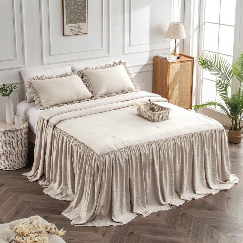 Bonlino Home Bedding Bedspread Set Quilt - Farmhouse Bedspread Summer Coverlet Bed Spreads, Lightweight Quilt Chic Vintage Bedding Ruffle Skirt Bedroom Rustic with 2 Pillow Shams (Queen, Wheat) - Image 1