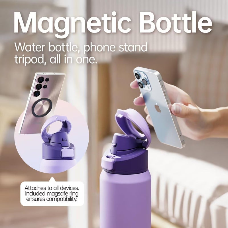 Magcheer Insulated Magnetic Water Bottle - Reusable Stainless Steel Bottle with MagSafe Compatible Phone Holder - Keeps Cold for 24 Hours - Perfect for Gym, Sports, and Travel - Lavender 24oz - Image 3