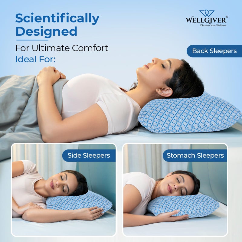 WELLGIVER WELLGIVER Ergonomic Memory Foam Pillow for Neck Pain | 2 Years Warranty | 21 x 14 x 4.5 Inch | Orthopedic Pillow for Side Sleeping | Removable Washable Jacquard Blue Cover | Pack of 1 - Image 3