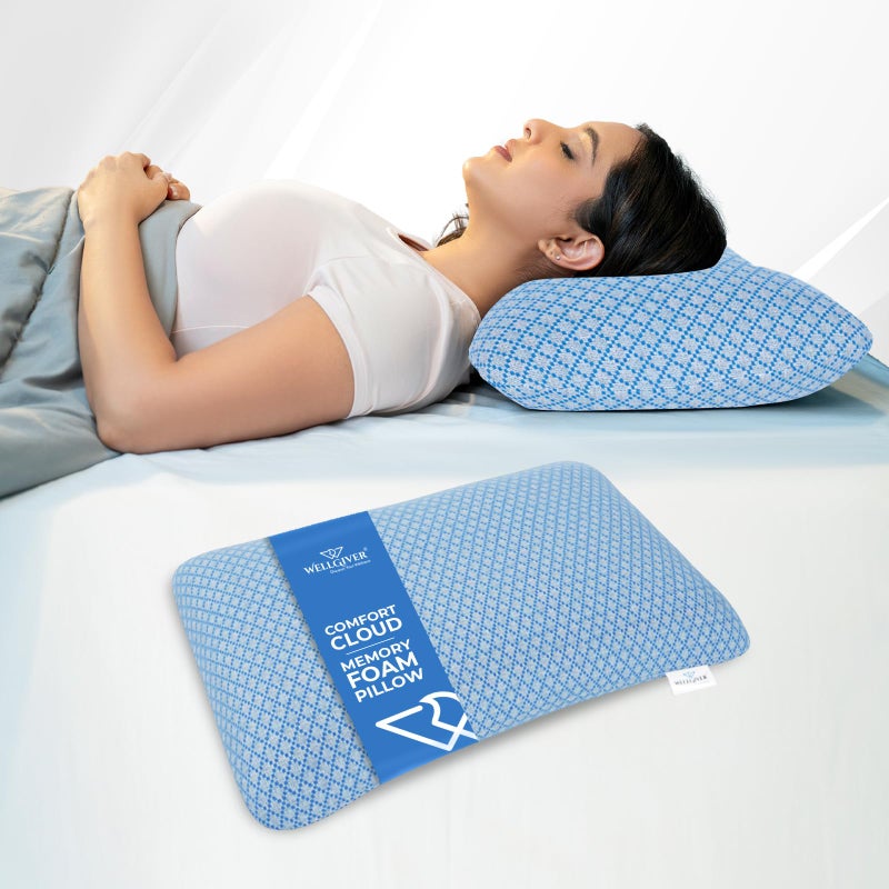 WELLGIVER WELLGIVER Ergonomic Memory Foam Pillow for Neck Pain | 2 Years Warranty | 21 x 14 x 4.5 Inch | Orthopedic Pillow for Side Sleeping | Removable Washable Jacquard Blue Cover | Pack of 1 - Image 1