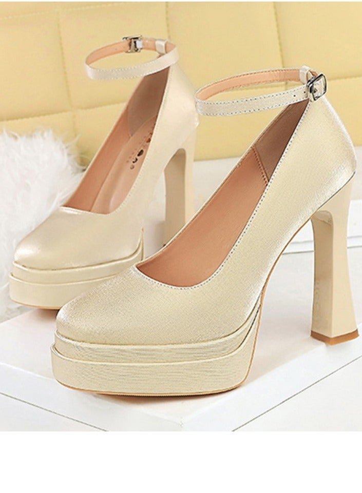 بيج تري منصة المرأة الكعب العالي السمك جولة إصبع القدم المغلق مع مضخات حزام الكاحل الشمبانيا 11.5CM - Image 1