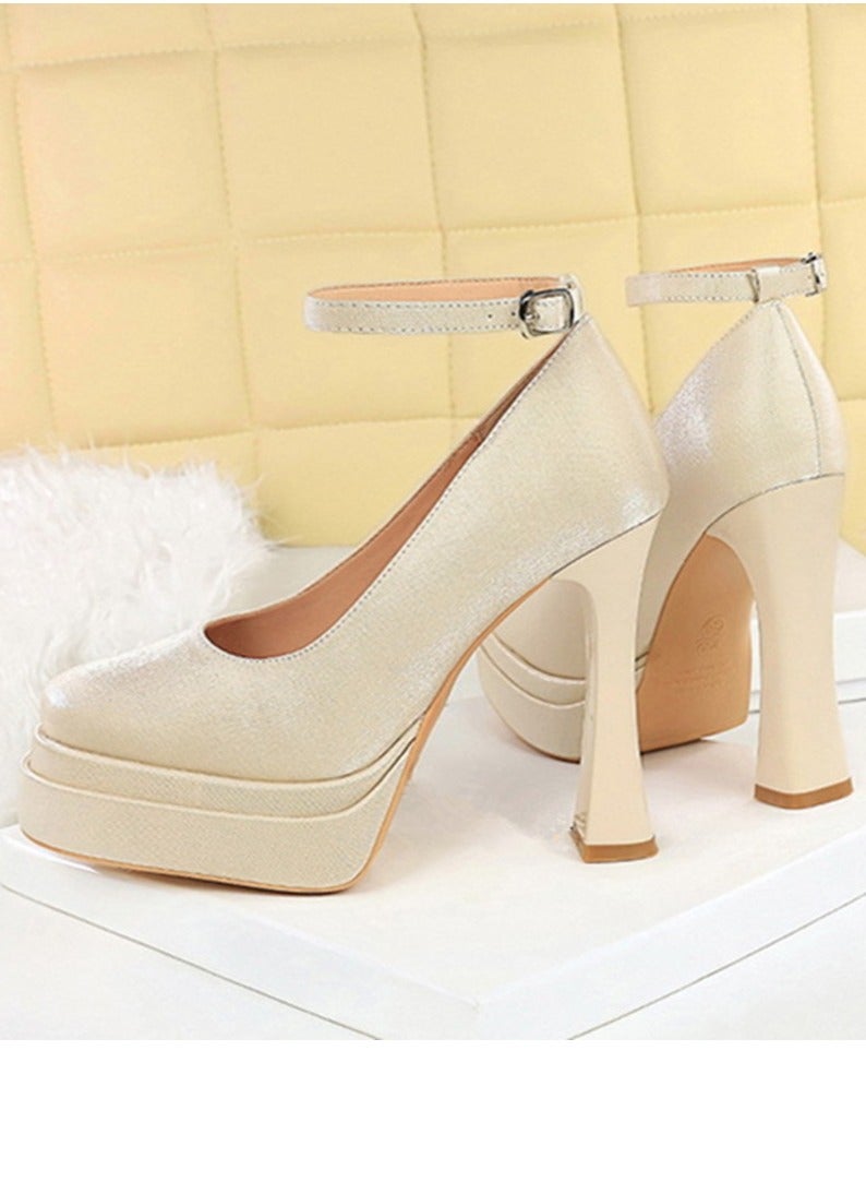 بيج تري منصة المرأة الكعب العالي السمك جولة إصبع القدم المغلق مع مضخات حزام الكاحل الشمبانيا 11.5CM - Image 2