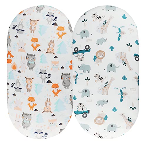 Tontukatu Bassinet Sheet Set 2 Pack Snug Fitted Cradle Fitted Sheets Stretchy Ultra Soft for Oval Rectangle Hourglass Bassinet Mattress Unisex Boy Girl Tiger Elephant Fox