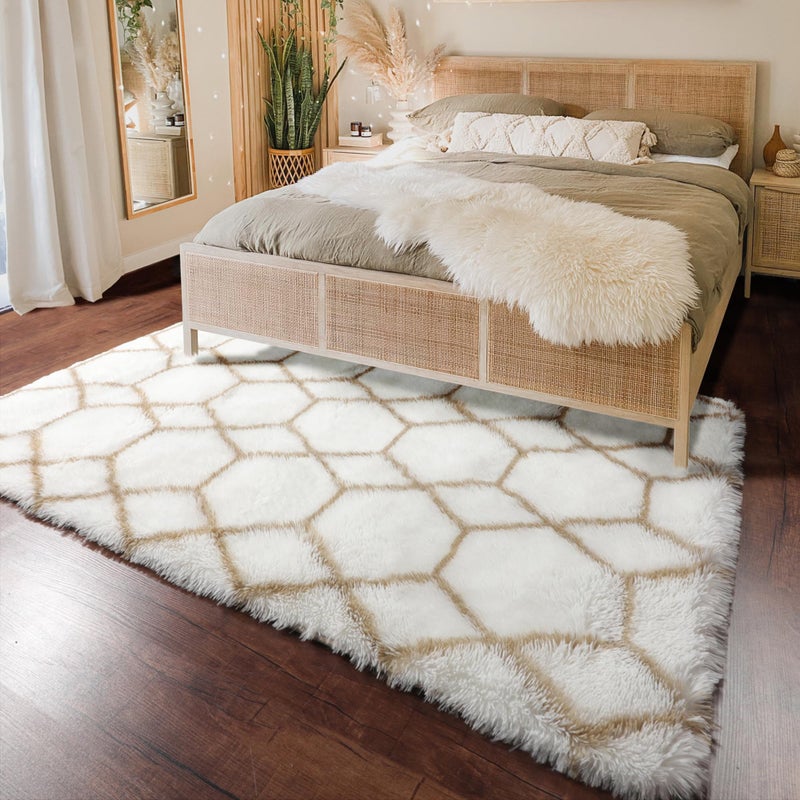 ONASAR Area Rugs for Bedroom Living Room, Fluffy 4x6 White and Beige Throw Rug, Geometric Boho Shaggy Soft Plush Indoor Floor Carpet for Nursery Kids Girls Boys Teen Dorm Home Decor Aesthetic - Image 4