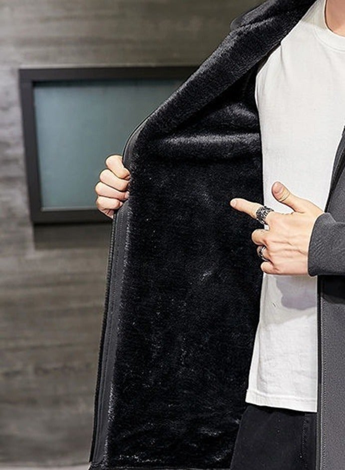 NIBEMINENT Autumn and Winter Mid-length Fleece Windbreaker Jacket Men's Plus Size Hooded Top  - Image 3