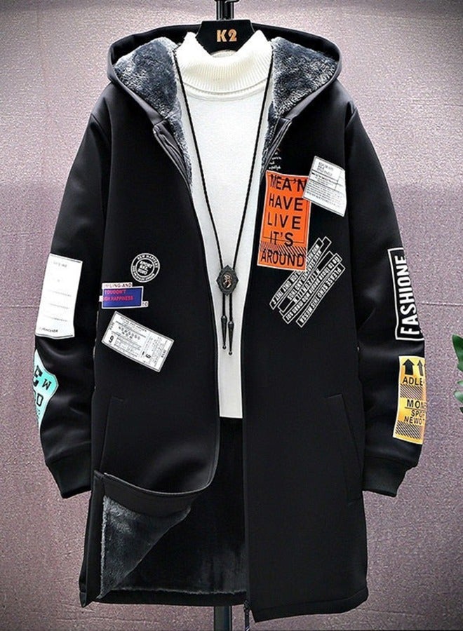 NIBEMINENT Autumn and Winter Mid-length Fleece Windbreaker Jacket Men's Plus Size Hooded Top  - Image 1