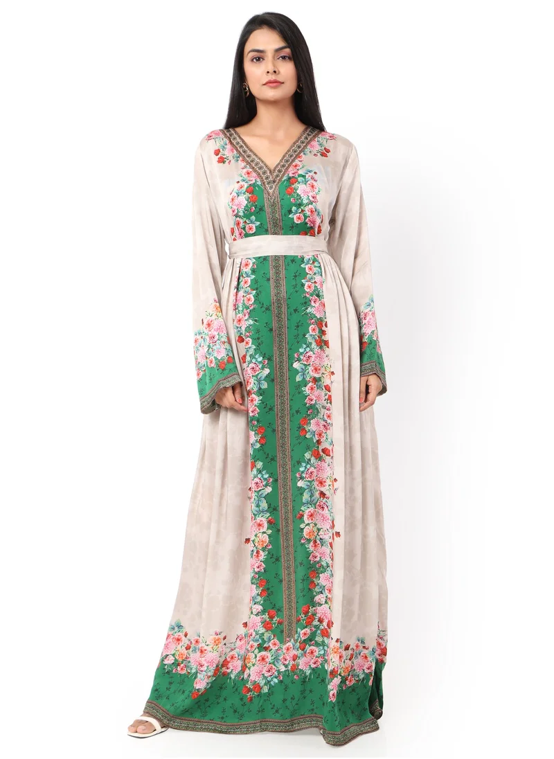 HANA & SARA LONG FLORAL PRINTED CREPE STYLISH ARABIC KAFTAN JALABIYA DRESS