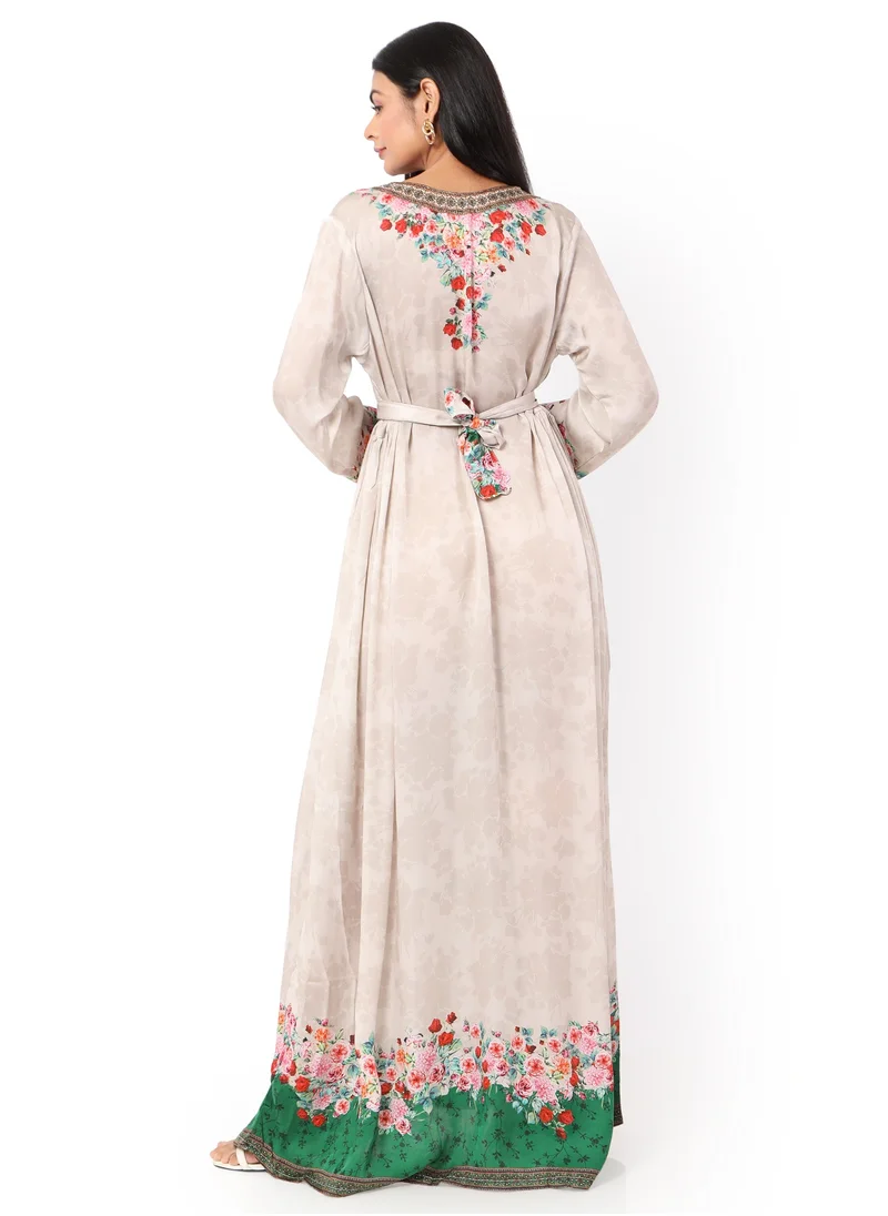 HANA & SARA LONG FLORAL PRINTED CREPE STYLISH ARABIC KAFTAN JALABIYA DRESS