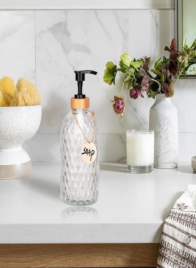 Onsogi 16 Oz Diamond Pattern Glass Soap Dispenser with Bamboo Pump for Bathroom Kitchen, Hand Soap, Lotion Glass Liquid Dispenser, 1 Pack Clear - Image 2