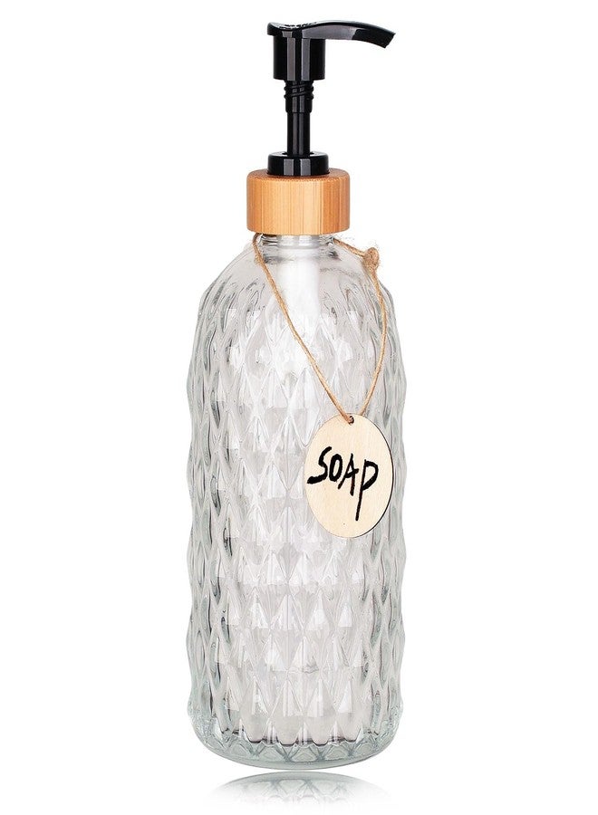 Onsogi 16 Oz Diamond Pattern Glass Soap Dispenser with Bamboo Pump for Bathroom Kitchen, Hand Soap, Lotion Glass Liquid Dispenser, 1 Pack Clear - Image 1