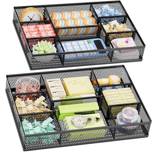 Marbrasse 2 Pack Desk Drawer Organizer Mesh Drawer Organizer Tray with 8 Adjustable Compartments Desk Organizers and Accessories 5 Dividers Drawer for Office Supplies Makeup Vanity Black - Image 1