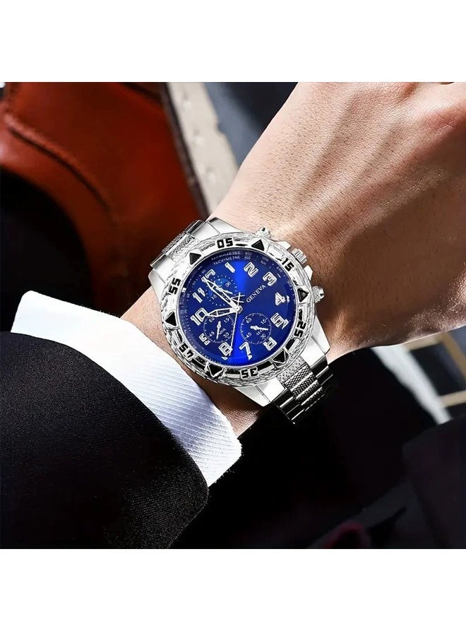 NIBEMINENT 4pcs Fashion Men's Round Quartz Watch Set, Alloy Strap, Bracelet, Ring, Necklace for Men, Perfect Accessories for Business and Casuality, Ideal Gift Set for Friends and Family - Image 2