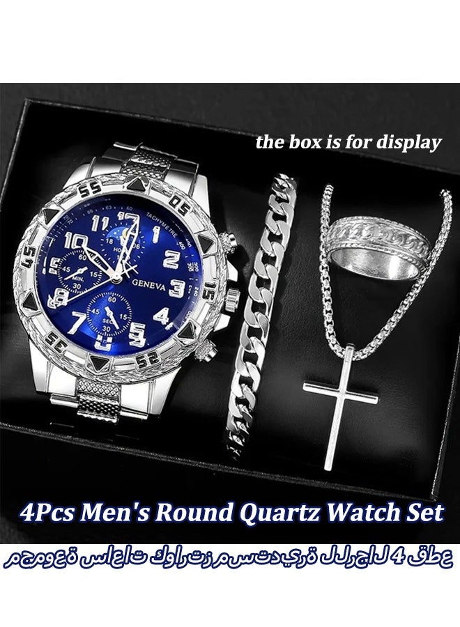 NIBEMINENT 4pcs Fashion Men's Round Quartz Watch Set, Alloy Strap, Bracelet, Ring, Necklace for Men, Perfect Accessories for Business and Casuality, Ideal Gift Set for Friends and Family - Image 1