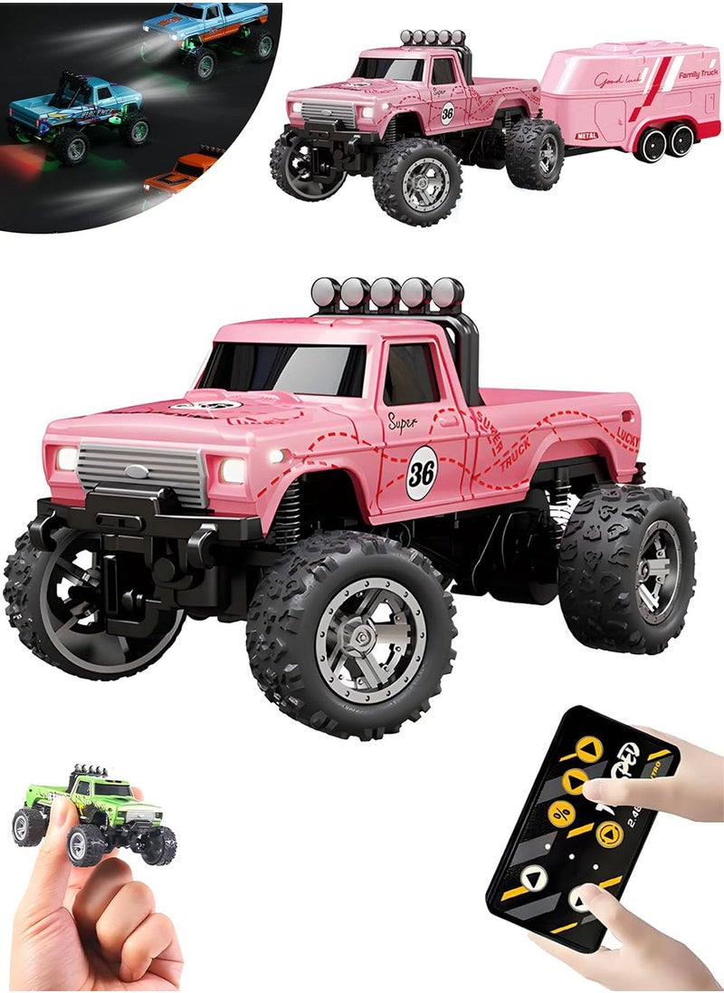 Chillspace Mini Remote Control Car, New Mini Rc Monster Truck 1/64, 2.4G Remote Control USB Rechargeable Underflow with Trailer with Lights present for Boys and GirlsCar Toys for Kids Gift  - Image 1