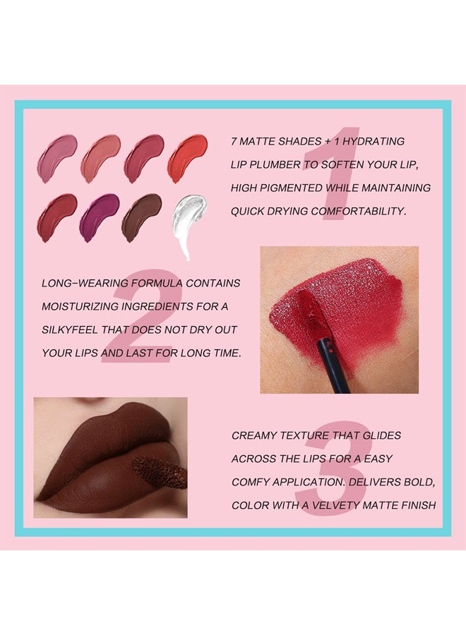 QiBest 7 Matte Liquid Lipstick with 1 Lip Plumber Gloss Makeup Set Long Lasting High Pigmented Velvety Waterproof Nude Lipgloss Kit Make Up Gift Sets for Women Girls - Image 1