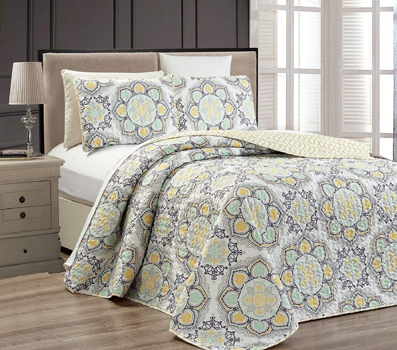 MK Home Mk Collection 3pc King Oversize Reversible Quilted Bedspread Set Floral Yellow White Gray Light Green New