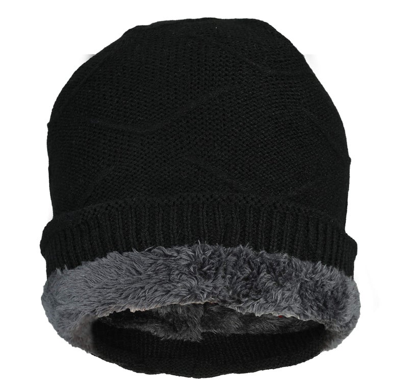FabSeasons Black Unisex Acrylic Woolen Winter Beanie/Skull Cap with Faux Fur Lining - Image 2