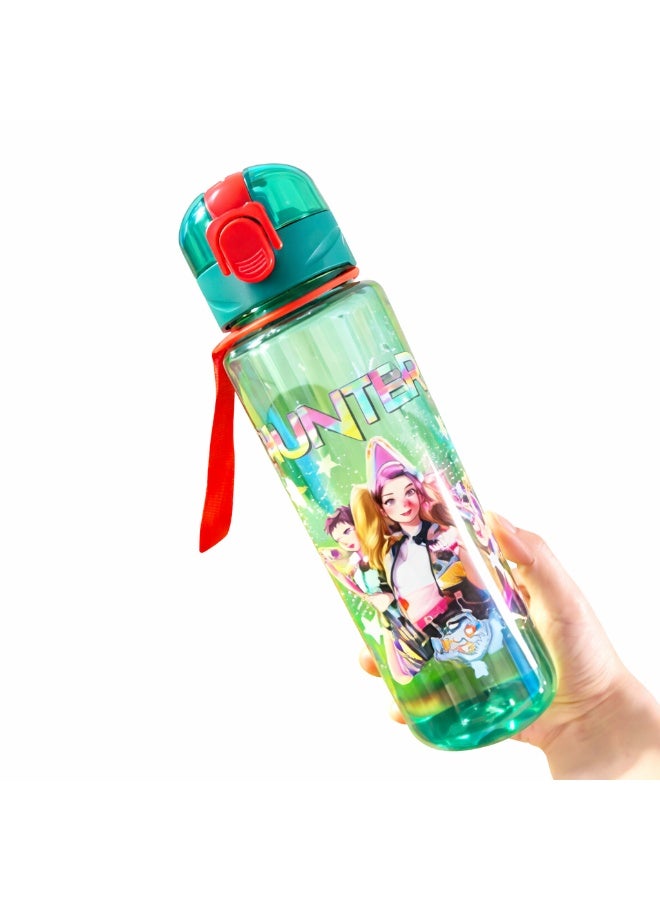 كيبوب زجاجة مياه كيبوب ميرا رومي زوي بدون ماصة وحزام حمل، مصنوعة من البولي كربونات، مقاومة للكسر، بغطاء قلاب مانع للتسرب، تصميم رسومي لطيف، زجاجة سفر ومشروبات باردة للأطفال (أخضر) - Image 1