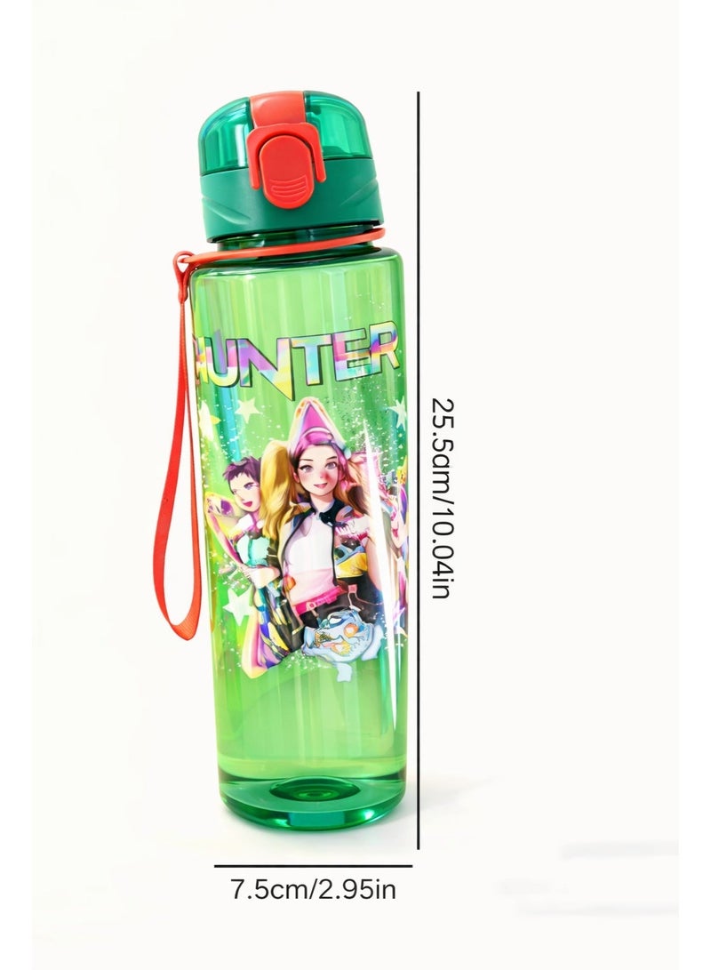 KPOP HUNTRIX Mira Rumi Zoey Water Bottle with out Straw & Carrying Strap Polycarbonate Bottle, Break Resistant, Leakproof Flip Lid, Cute Graphic Design, Travel & Cold Drink Bottle for Kids (GREEN) with 10PCS FREE STICKER - Image 3
