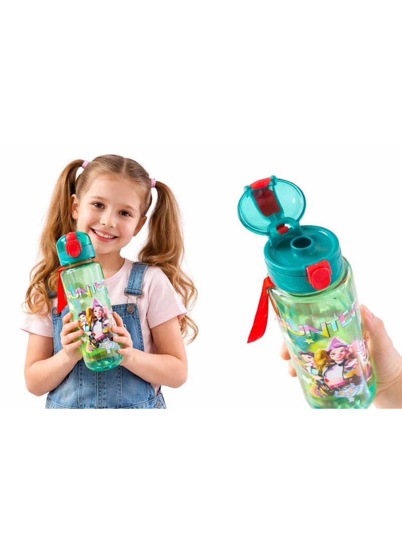 KPOP HUNTRIX Mira Rumi Zoey Water Bottle with out Straw & Carrying Strap Polycarbonate Bottle, Break Resistant, Leakproof Flip Lid, Cute Graphic Design, Travel & Cold Drink Bottle for Kids (GREEN) with 10PCS FREE STICKER - Image 2