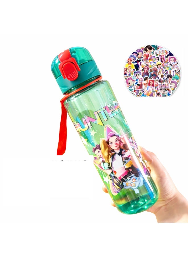 KPOP HUNTRIX Mira Rumi Zoey Water Bottle with out Straw & Carrying Strap Polycarbonate Bottle, Break Resistant, Leakproof Flip Lid, Cute Graphic Design, Travel & Cold Drink Bottle for Kids (GREEN) with 10PCS FREE STICKER - Image 1