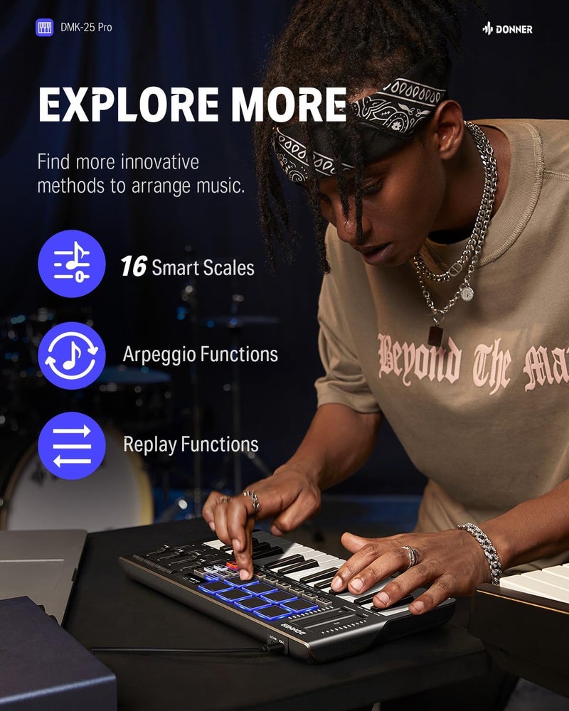 Donner DMK25 Pro MIDI Keyboard Controller - 25 Mini Key Portable USB-C with 8 Drum Pads and OLED Display - Image 3
