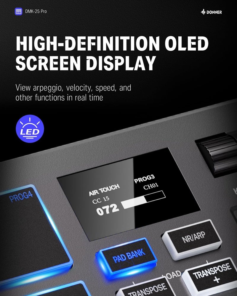 Donner DMK25 Pro MIDI Keyboard Controller - 25 Mini Key Portable USB-C with 8 Drum Pads and OLED Display - Image 2