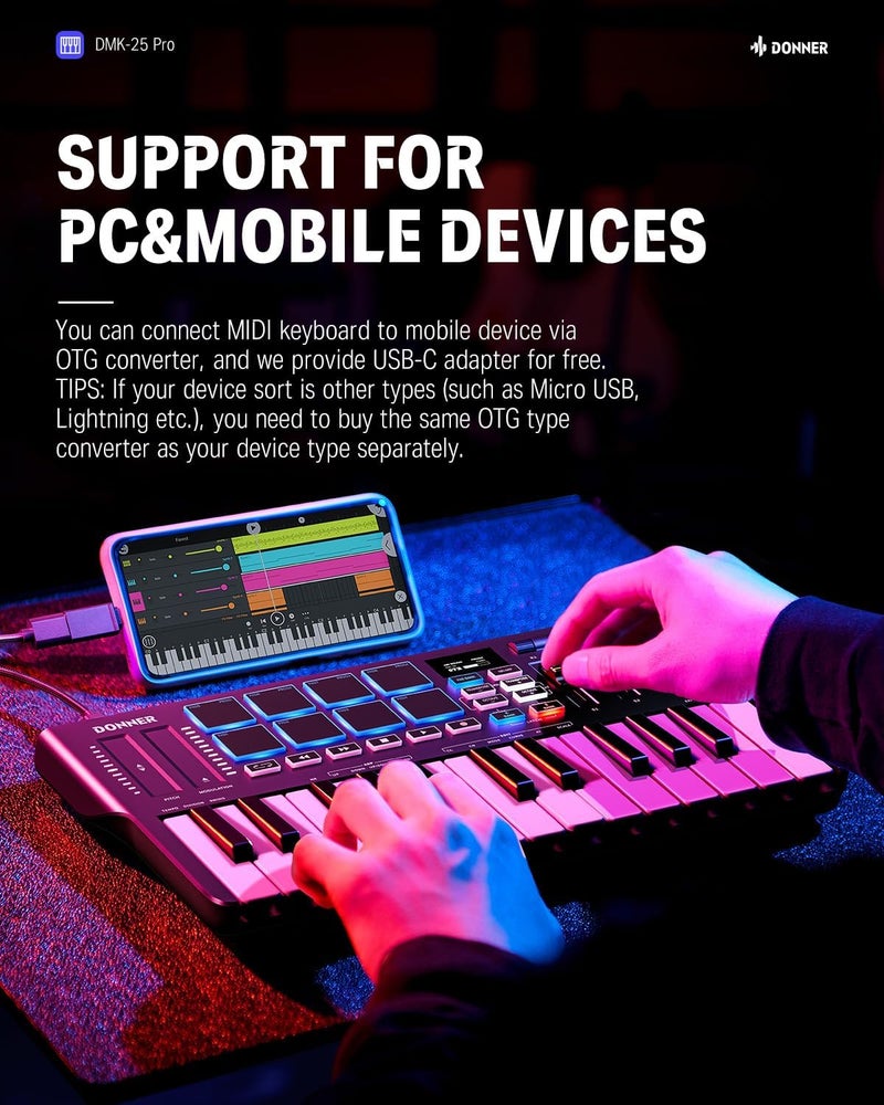 Donner DMK25 Pro MIDI Keyboard Controller - 25 Mini Key Portable USB-C with 8 Drum Pads and OLED Display - Image 4