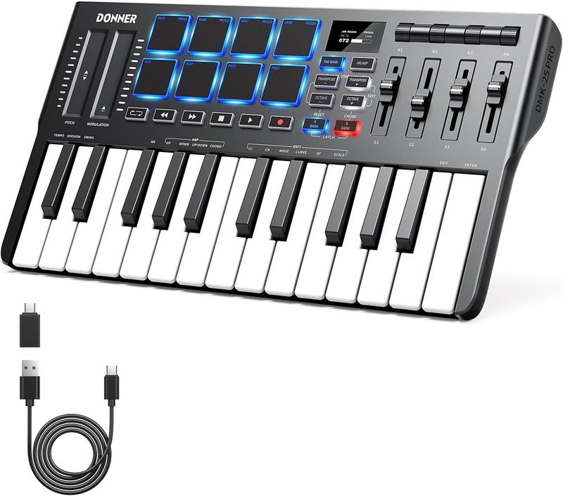 Donner DMK25 Pro MIDI Keyboard Controller - 25 Mini Key Portable USB-C with 8 Drum Pads and OLED Display - Image 1
