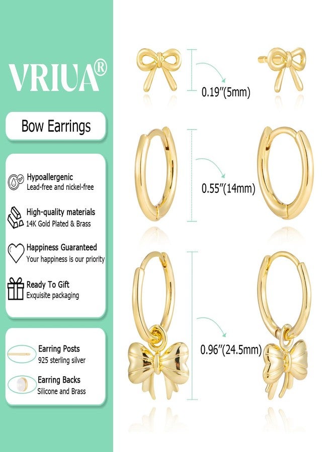 VRIUA طقم أقراط حلقية ذهبية من VRIUA - أقراط رقيقة مطلية بالذهب عيار 14 قيراطًا، أطقم أقراط على شكل فيونكة مناسبة لثقوب متعددة في غضروف الأذن، أقراط حلقية صغيرة للنساء، مجوهرات عصرية - Image 4