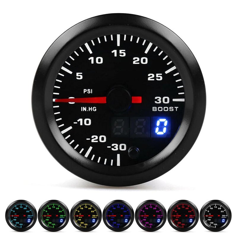 2 Inch 52mm Universal Turbo Boost Meter PSI Pressure Gauge for 12V Cars – 7 Color LED Digital Display with Luminous Red Pointer – Includes Boost Sensor and 1.94 Foot Power Harness - Image 1