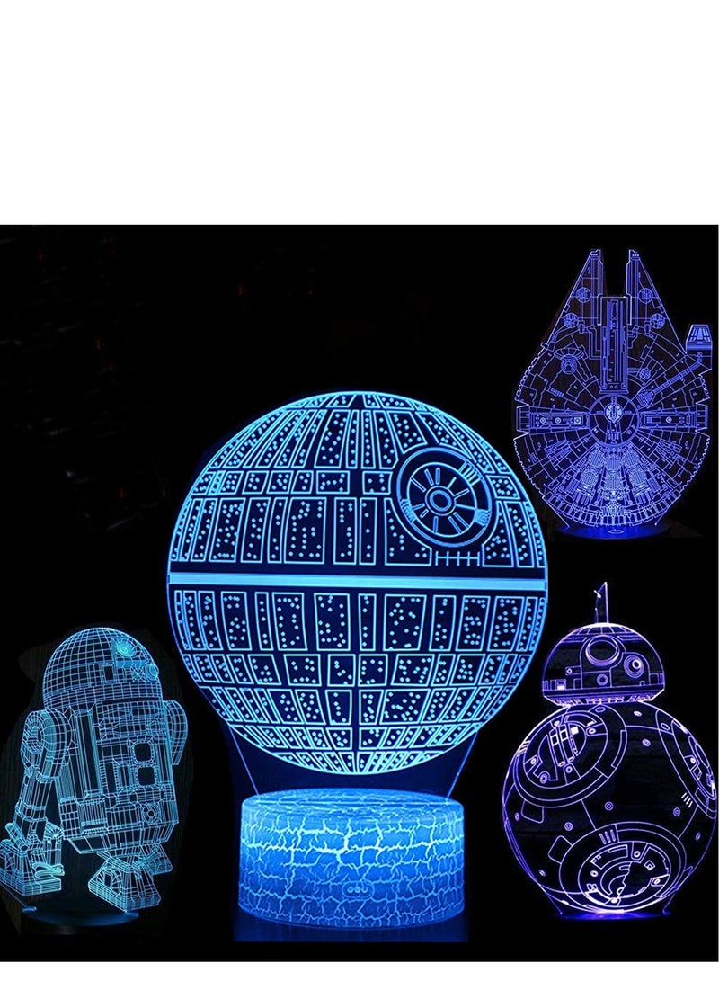 الثقة كي متعددة الألوان ثلاثية الأبعاد أضواء ليلية ثلاثية الأبعاد LED ثلاثية الأبعاد لحرب النجوم مصباح الوهم مصباح ديكور متغير ١٦ لونًا مع جهاز تحكم عن بعد لهدايا الأطفال حرب النجوم ٤ لوحات نمطية - Image 1