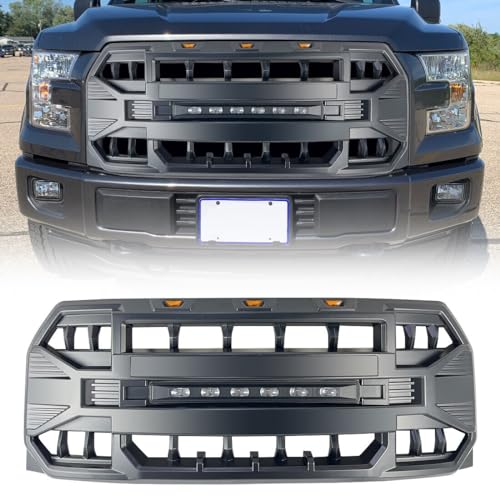 MEGAIE Front Grill Replacement for F150 2015 2016 2017, Matte Black Front Bumper Grille w/Off-Road Lights - Image 1