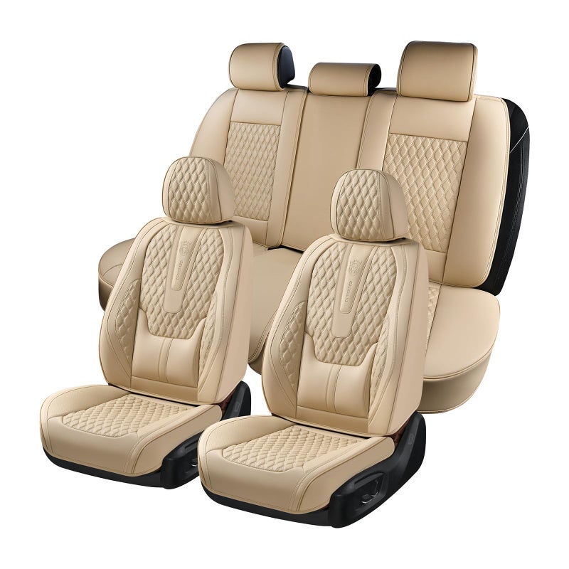 Coverado Car Seat Covers Full Set Nappa Leather Seat Covers for Car Waterproof Car Seat Protector with Lumbar Support Automotive Seat Covers Universal Fit for Most Cars SUV Trucks Beige