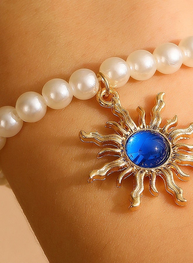 Gold Sun Pendant Pearl Bracelet with Blue Gemstone - Vintage Elegant Daily & Special Occasion Jewelry | Ideal Gift - Image 1