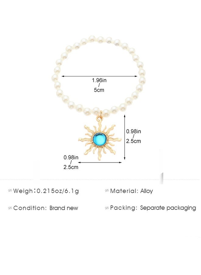 Gold Sun Pendant Pearl Bracelet with Blue Gemstone - Vintage Elegant Daily & Special Occasion Jewelry | Ideal Gift - Image 3