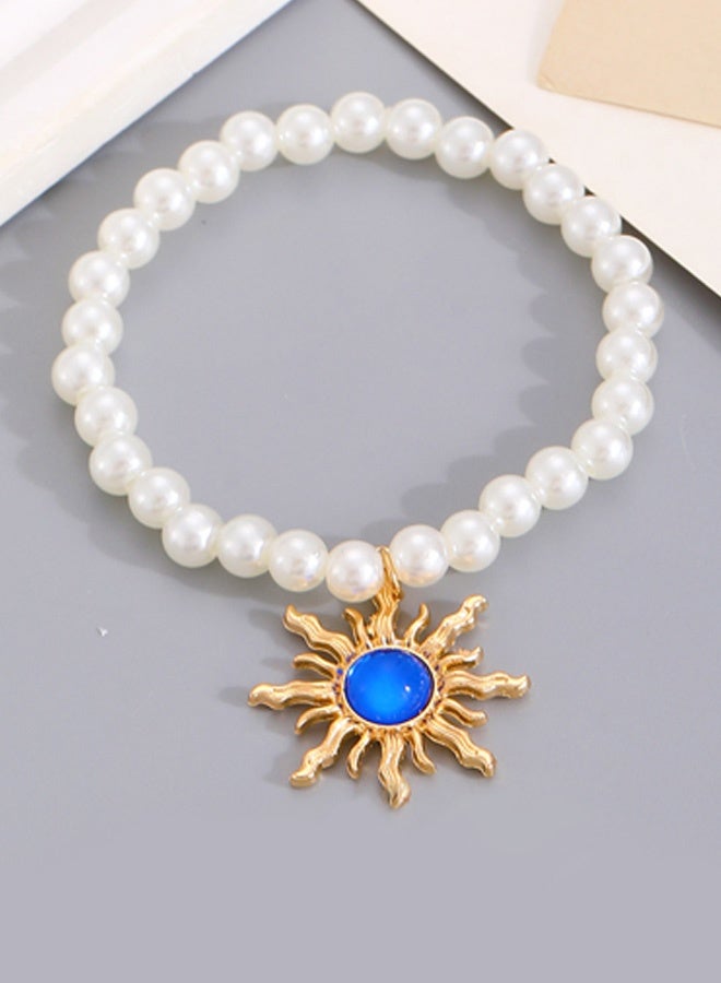 Gold Sun Pendant Pearl Bracelet with Blue Gemstone - Vintage Elegant Daily & Special Occasion Jewelry | Ideal Gift - Image 2