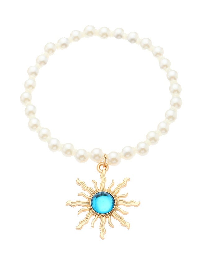 Gold Sun Pendant Pearl Bracelet with Blue Gemstone - Vintage Elegant Daily & Special Occasion Jewelry | Ideal Gift - Image 4