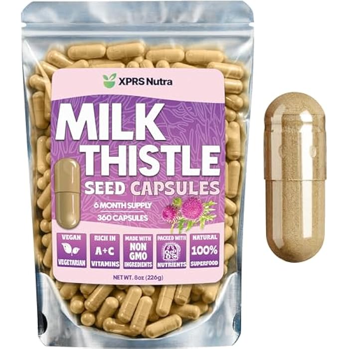 XPRS Nutra Milk Thistle Seed Capsules - 360 Count (6 Month Supply) Premium Milk Thistle Supplement Rich in Silymarin to Support the Liver and Digestion - Pure, Non-GMO Cardo Mariano Pills - Image 1
